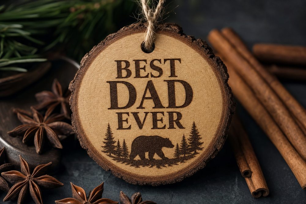 Round wood slice ornament engraved Best Dad Ever with a bear