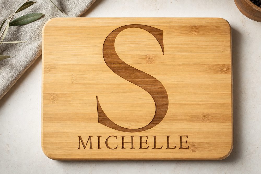 Bamboo board engraved with a large letter S and the name Michelle