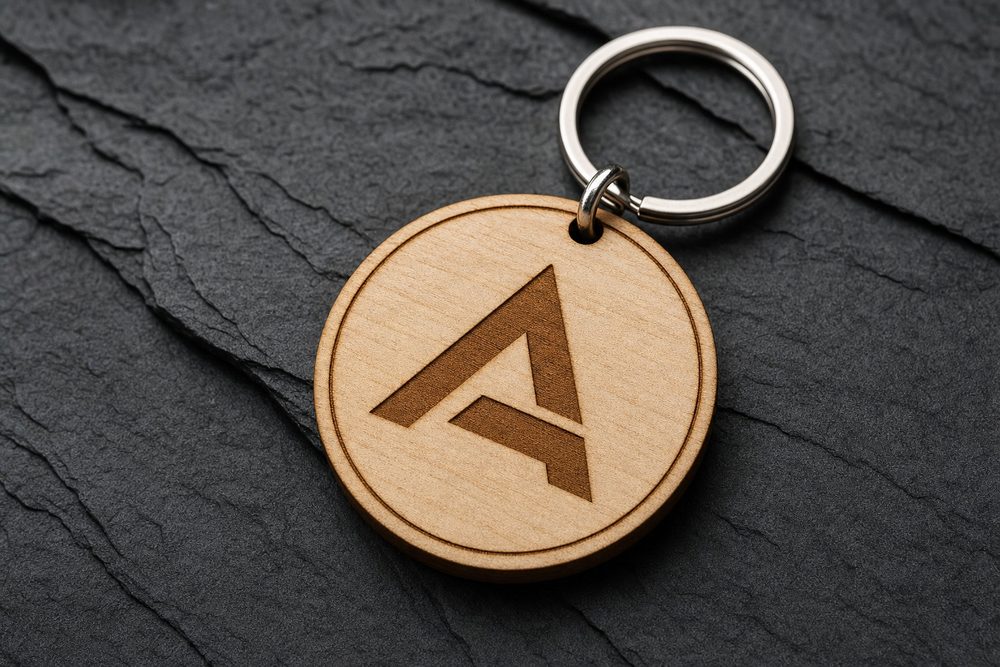 Round maple keychain engraved with a company logo mark