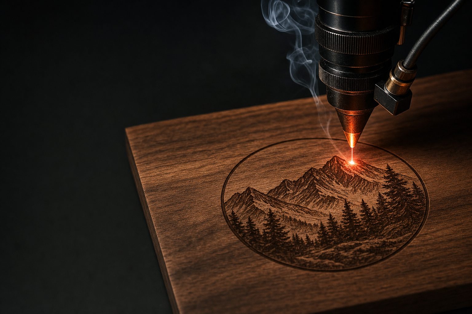 Laser engraving head burning a mountain scene into a walnut board
